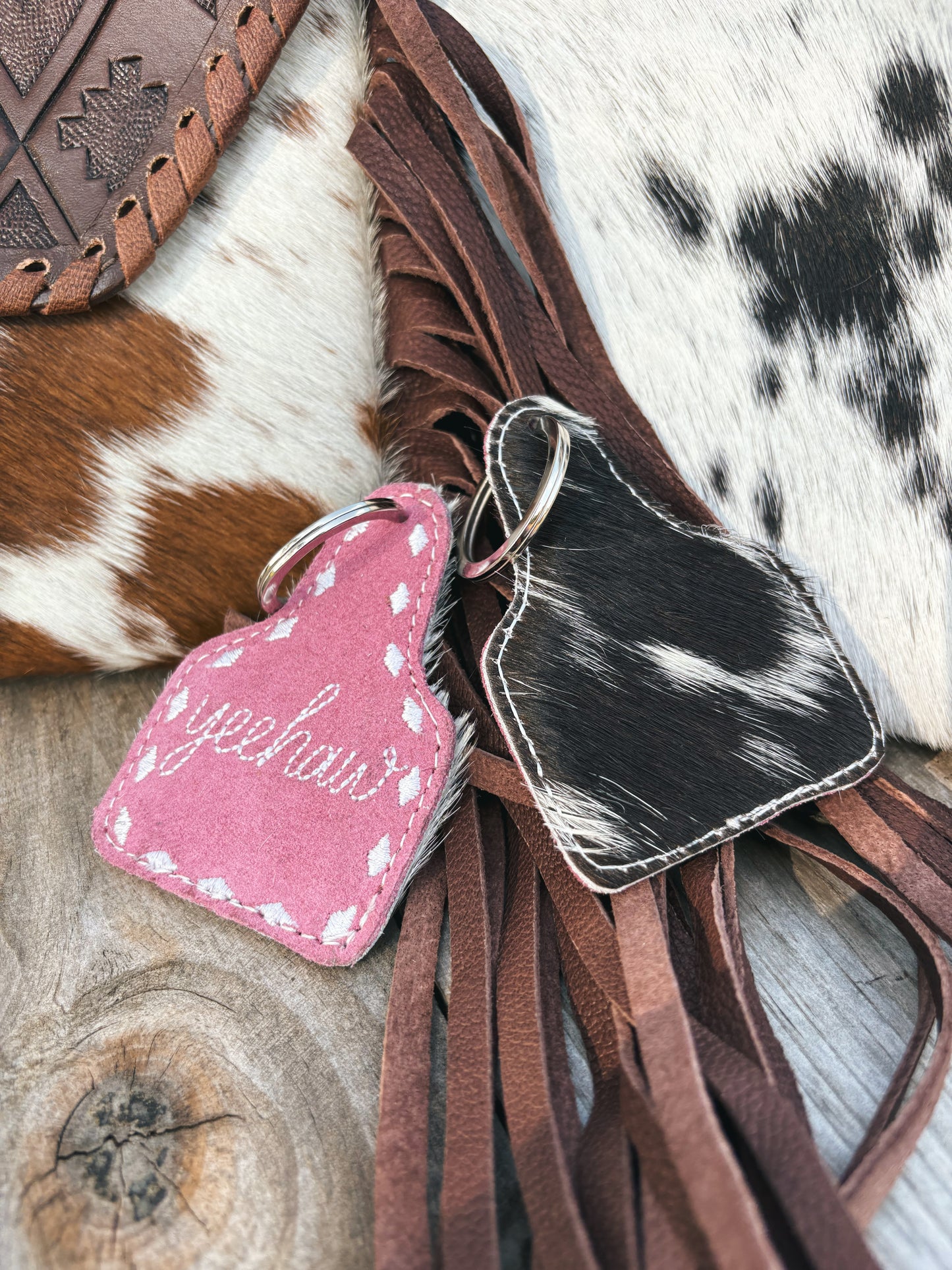 Pink Suede Yeehaw Cowhide Keychain