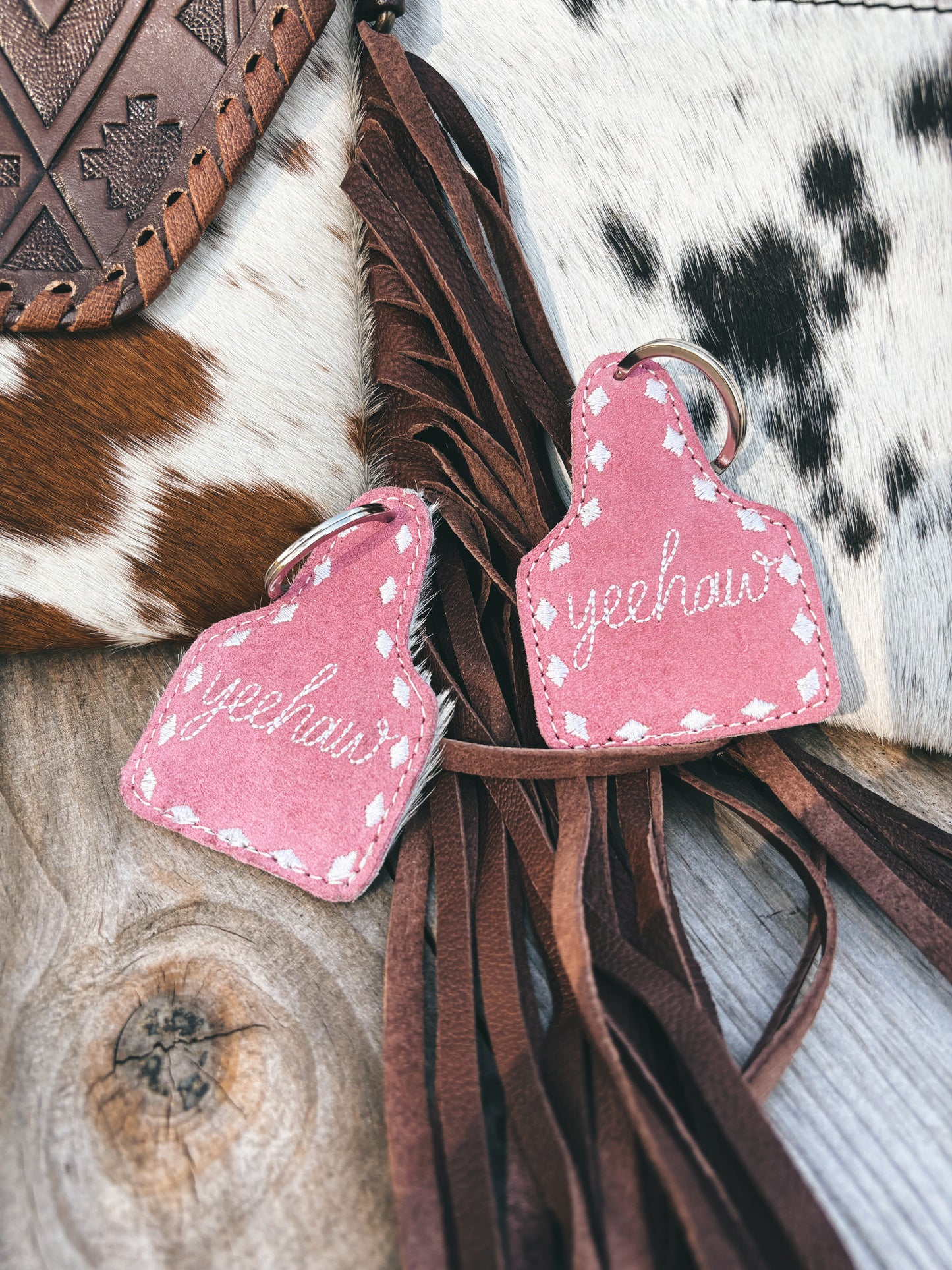 Pink Suede Yeehaw Cowhide Keychain