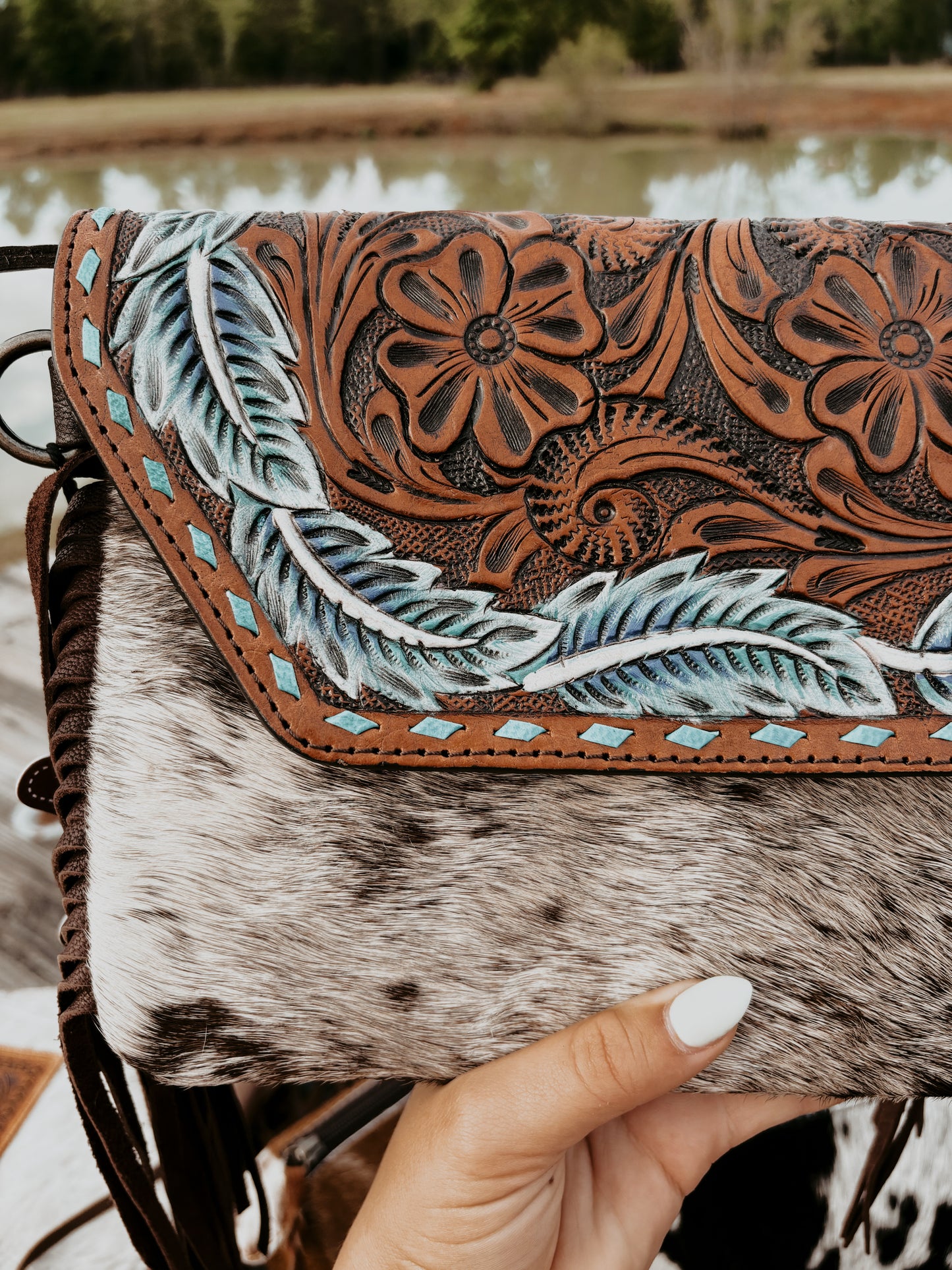 Tooled Leather & Cowhide Feather Crossbody