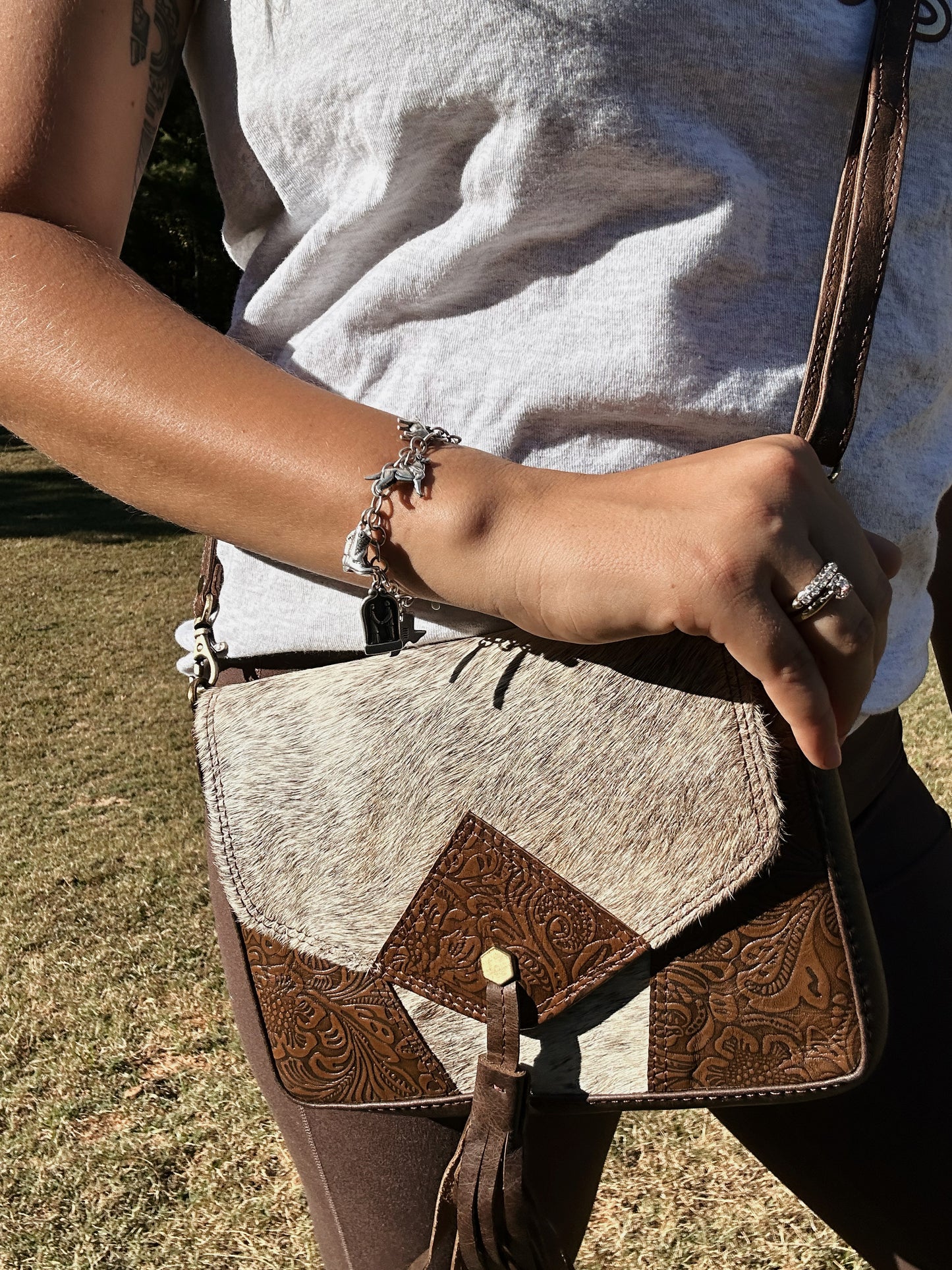 Tooled Brown Leather & Cowhide Crossbody