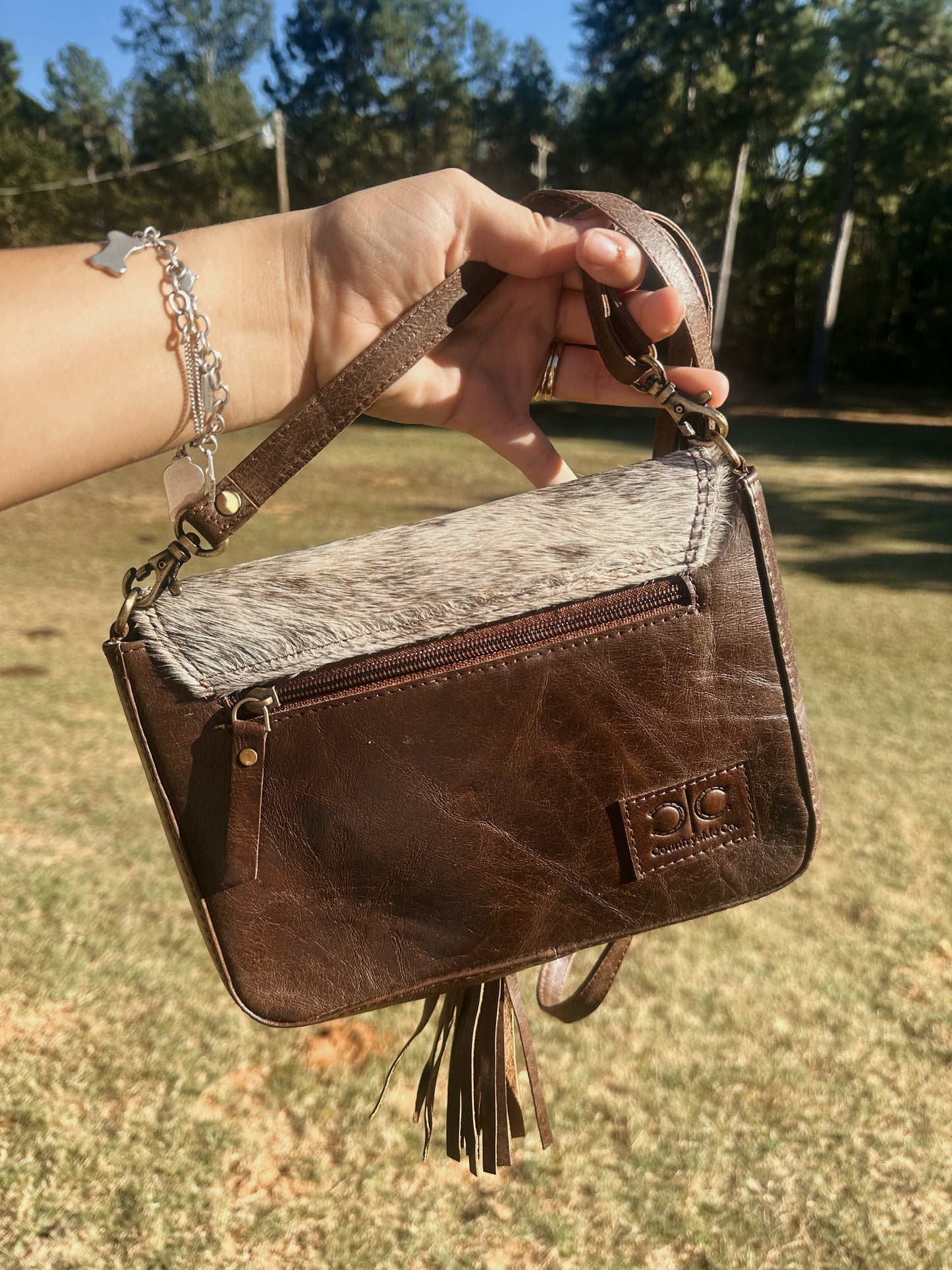 Tooled Brown Leather & Cowhide Crossbody