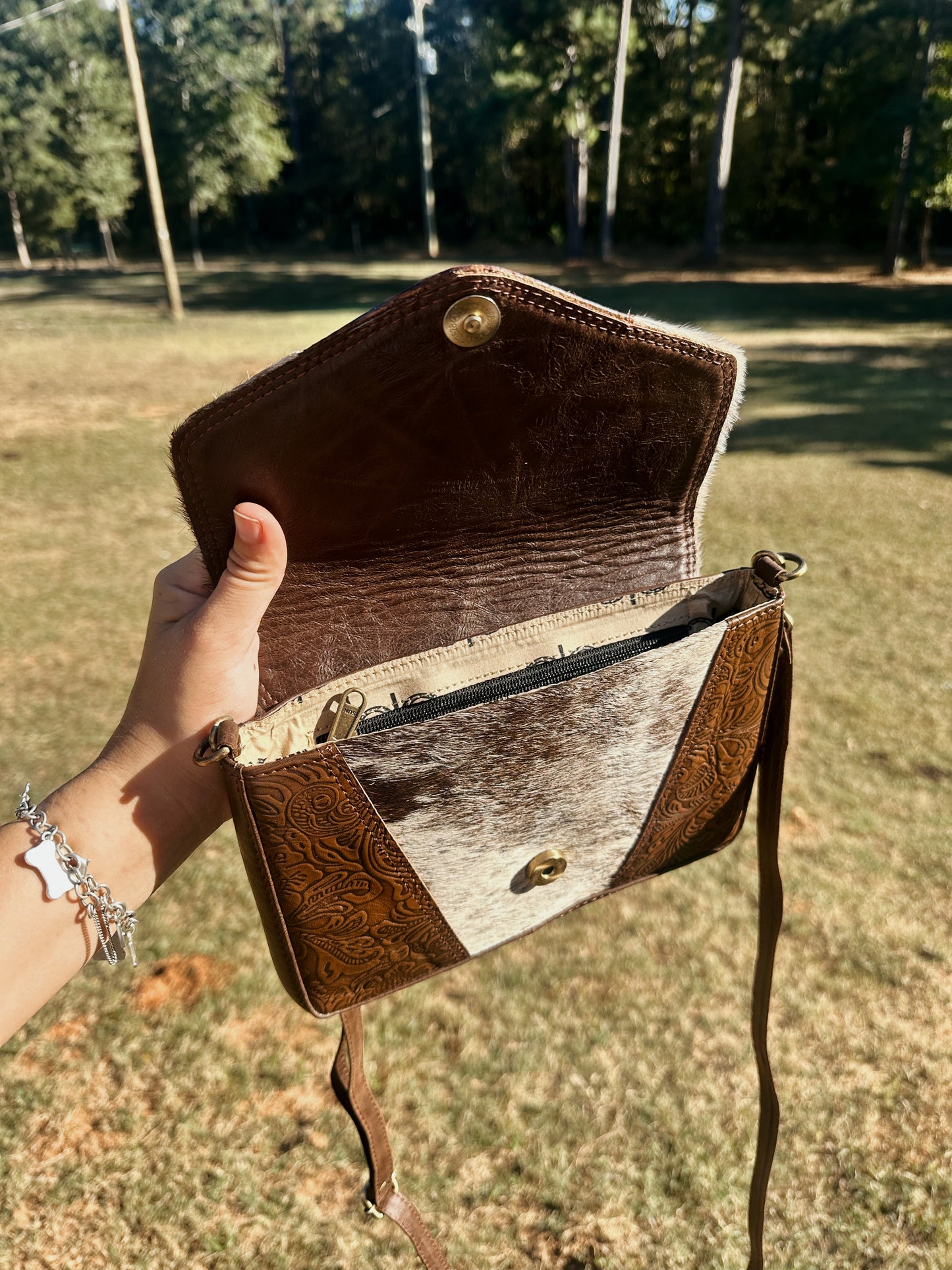 Tooled Brown Leather & Cowhide Crossbody