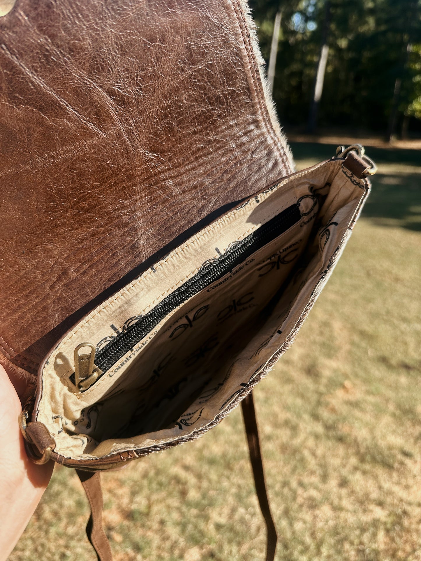 Tooled Brown Leather & Cowhide Crossbody