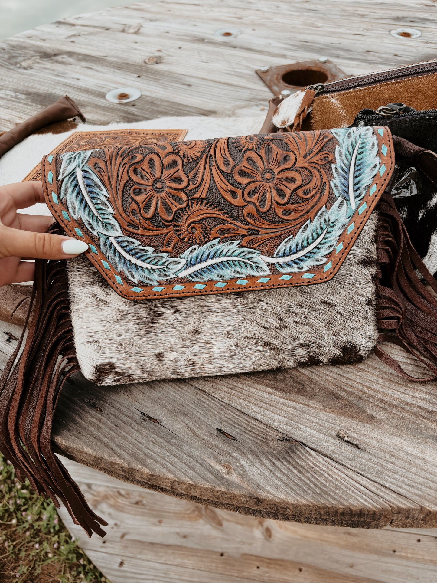 Tooled Leather & Cowhide Feather Crossbody