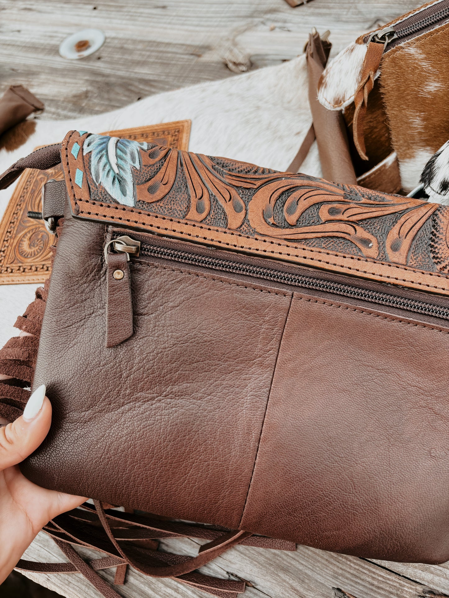 Tooled Leather & Cowhide Feather Crossbody