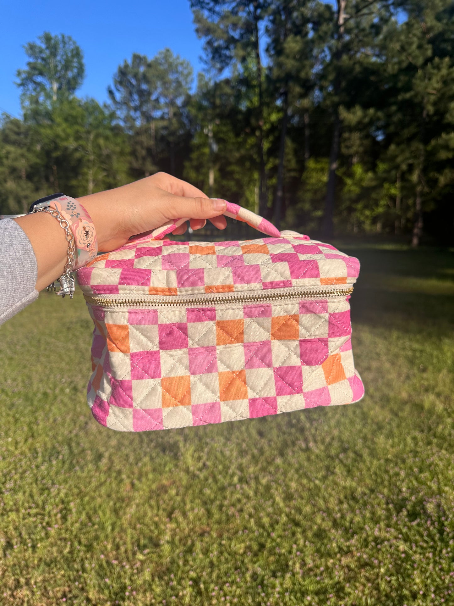 Pink and Orange checker cosmetic bag