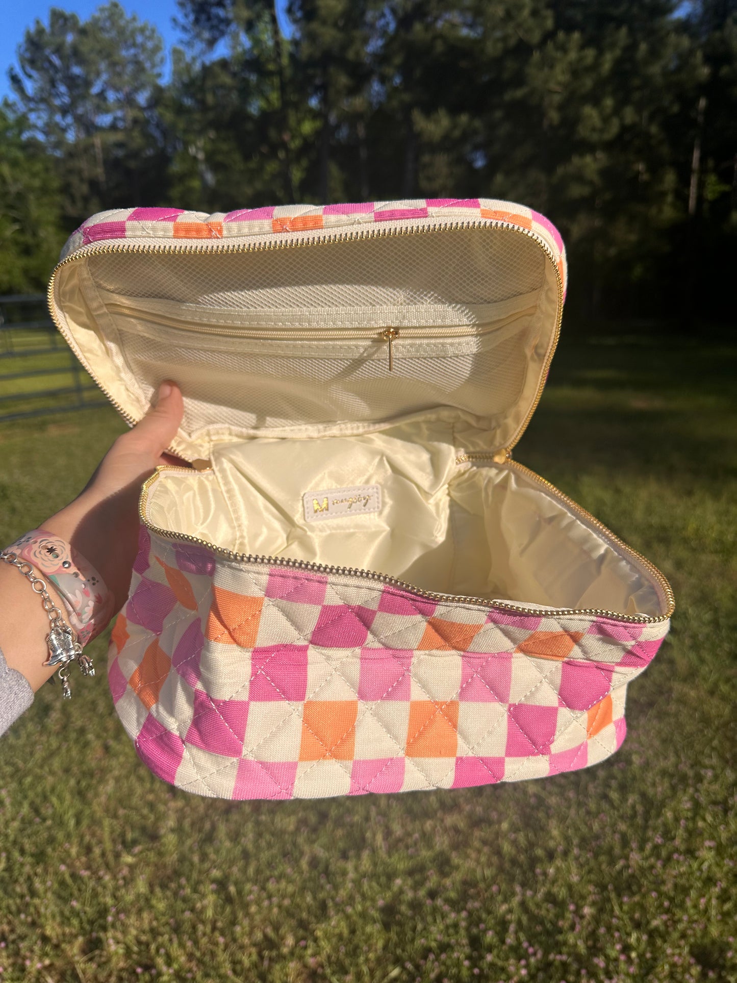 Pink and Orange checker cosmetic bag